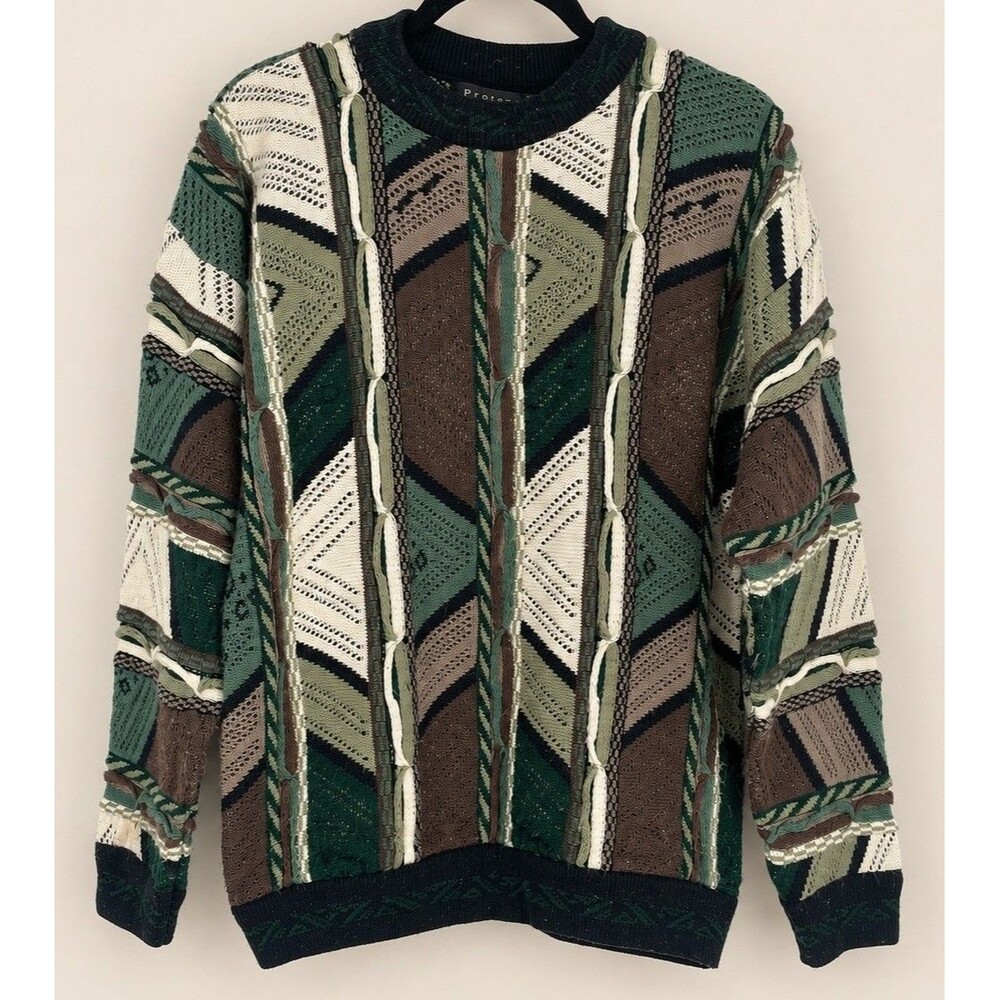 Protege Collection 3D Knit Sweater Mens L Coogi Style Green Vintage 90s USA
